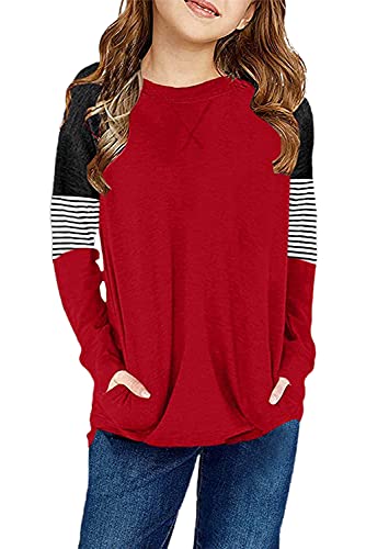 Image of SELINK Girls Big Kids Long Sleeve Striped Color Block Pocket Tees | Casual Loose Fit With Side Pockets,Soft Stretch Polyester Blend For Big Girls Daily&Back To School Wear