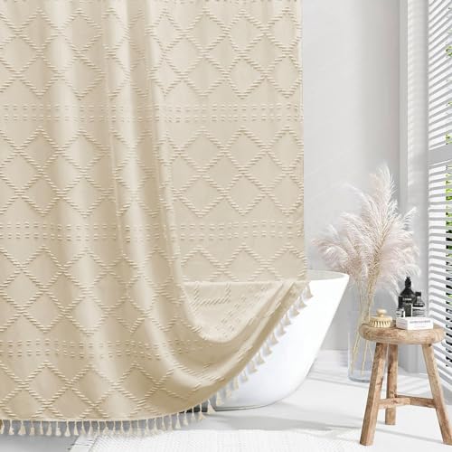 Siiluminisoy Cortina de Ducha Bohemia de Tela Tejida, con Textura de chevrón Mullido a Rayas, Moderna y Minimalista, Cortina de Ducha para baño, 183 x 183 cm, Color Crema/Beige