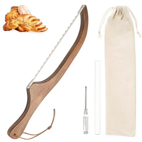 Wooden Handle Bread Knife for Sourdough & Homemade Bread Serrated Blade with Cutting Guide, Bagel Cutter, Cake Slicer, Bowl Scoring Tool | Inspired Design Ambidextrous Saw Blade for Even Slices. (1)
