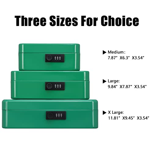 Image of KYODOLED Metal Cash Box with Combination Lock Money Box for Cash Safe Metal Box with Money Tray for Security Lock Box 11.81 inchx 9.45 inchx 3.54 inch Green X Large