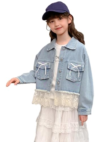 5-14Years Little Big Girl Lace Spliced Denim Jackets Classic Blue Jean Jacket Kids Outerwear Casual Cute Coat Spring2