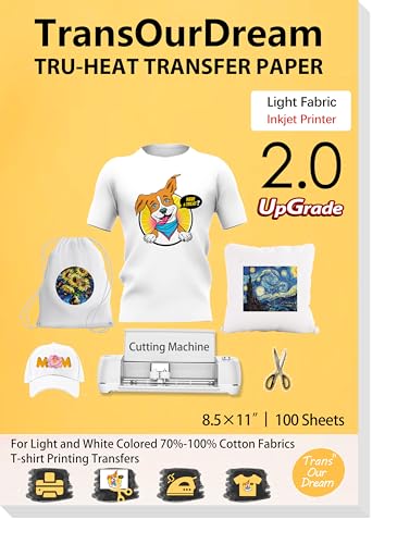 TransOurDream Upgraded Heat Transfer Paper for T Shirts (100 Sheets, 8.5x11") Iron on Transfers for Light Fabric Printable Heat Transfer Vinyl for Inkjet Printer (TOD-L2-100)