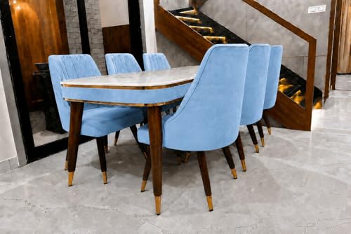 Image of WOODEN SPACE 6-Seater Wooden Dining Table Set | Nano Composite Marble Top | Solid Wood Base | Modern Dining Room Furniture with 6 Chairs (Blue Frontline)