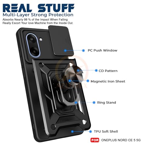 Image of Armor Bumper Back Cover Case for OnePlus Nord CE 5 5G Rotating Camera Cover, Ring Holder & Kickstand | Heavy Duty & 360 Degree Protection OnePlus Nord CE 5 5G Back Cover (Black)