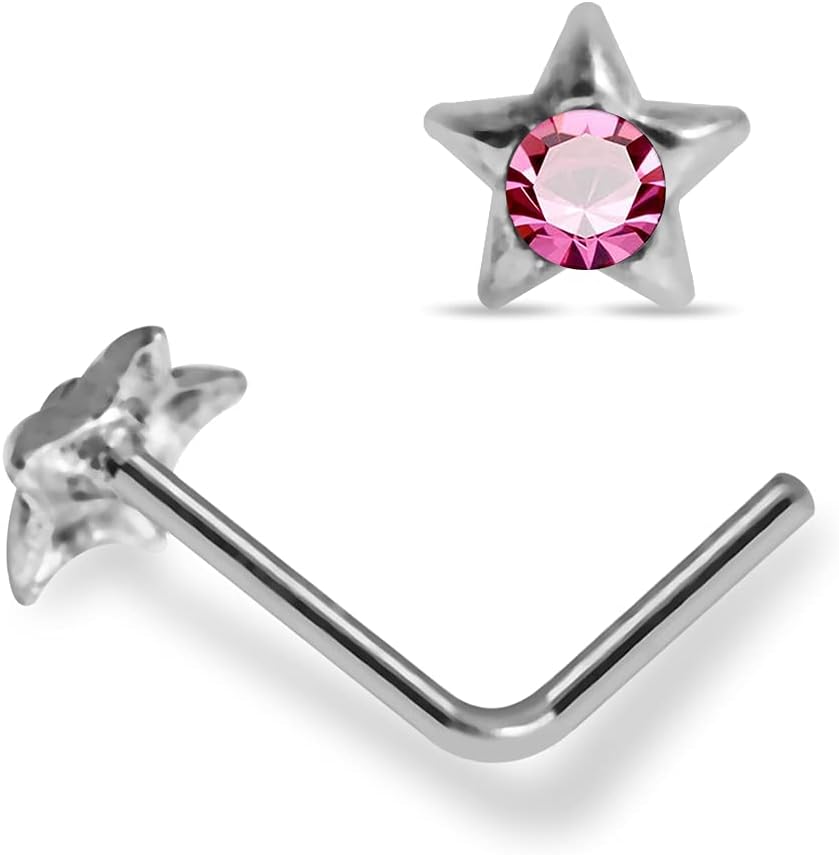 Crystal Stone Curved Star 22 Gauge 925 Sterling Silver L Shape Nose Pin - Nose Stud - Tiny Nose Ring - Nose Piercing Body Jewelry