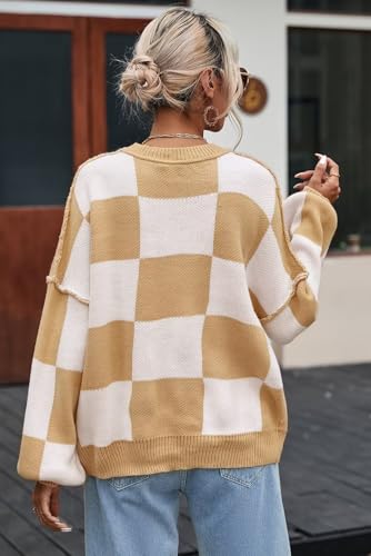 Image of Women's Casual Crew-Neck Long Sleeve Sweater Checkered Pullover Knit Sweaters Jumper Top