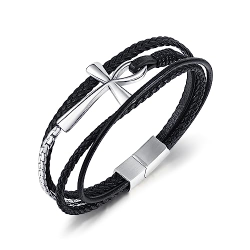 OSTAN Armband für Männer Frauen Edelstahl Kreuz Multilayer Leder Armbänder