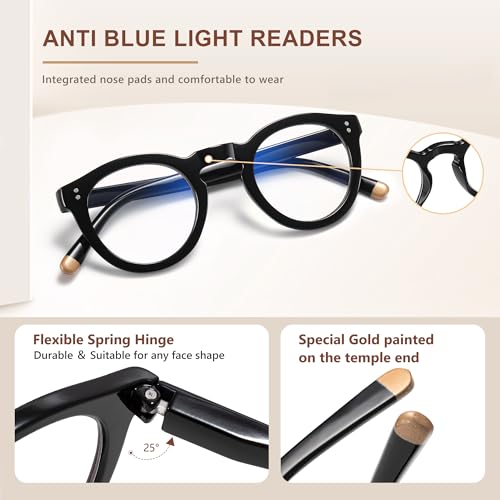 Image of EASY READ Retro Round Blue Light Blocking Reading Glasses for Women,Anti UV Readers for Women with Spring Hinge