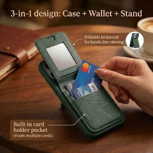 Image of amazon basics Premium Vegan Leather Back Cover with Card Holder and Integrated Mobile Stand for iPhone 15 Pro - Slim Shockproof Wallet Case with Geometric Stitching [Green]
