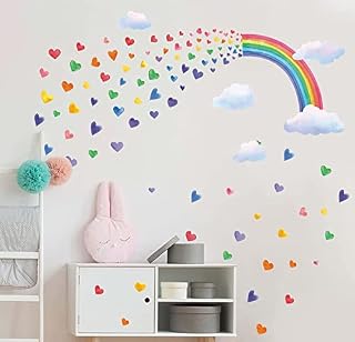 128 Pcs Large Rainbow Wall Decals,Colorful Rainbow Window Stickers,Removable DIY Rainbow Window Decals,Beautiful Rainbow Cloud Love Hearts Wall Art for Girls Bedroom Nursery Kids Room Home Decoration