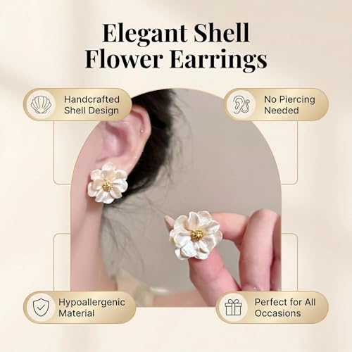 Shell Flower Stud Ear Cuffs for Women, Non-Pierced Mother of Pearl Camellia Earrings, Elegant Vintage Jewelry for Wedding Bridal Daily Wear by AFPV - Used condition - Image 3