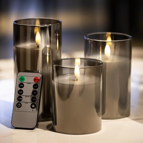 Image of Flameless Candles Battery Operated Candles LED Pillar Grey Glass Candles | 10-Key Control with Remote and Timers for Indoor Party, Wedding,Tabletop Halloween Decorations, H 4 inch 5 inch 6 inch, Set of 3