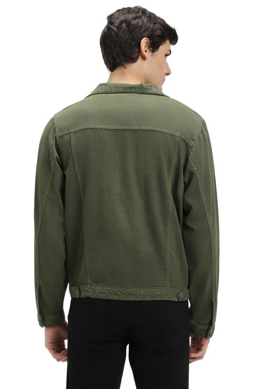 Image of DENNIS LINGO Men's Olive Washed Cotton Denim Jacket, Regular Fit Long Sleeves Regular Collar