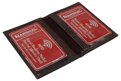 MARSHAL Genuine Leather Double ID Slim Thin Credit Card Mini RFID Blocking Wallet Holder Bifold Driver's License Safe (Brown)3