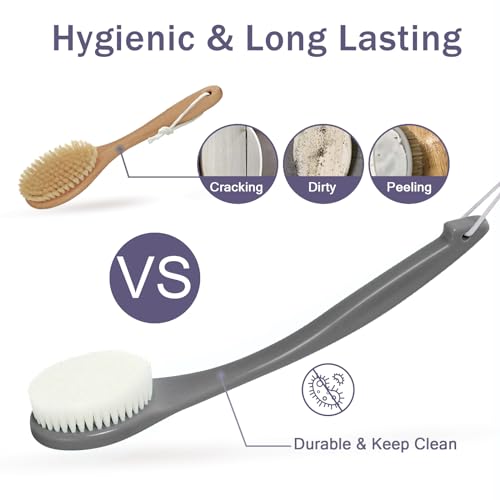 ROLIZOE Back Brush Long Handle for Shower Soft Bristle Back Scrubbers for Use in Shower Ergonomics Curved Plastic Back Scrubber Exfoliating Brush with Hook and Lanyard-Grey - Image 4
