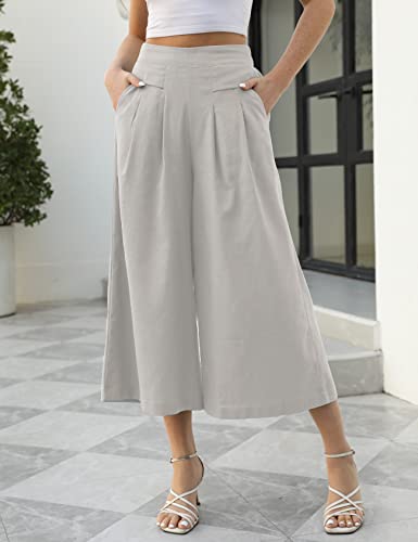 Image of Gihuo Culottes for Women Linen Wide Leg Gauchos Capri Palazzo Pants | Cotton Linen Pants,Flowy Pants,Women's Culottes,Cropped Pants,Elastic Waist Trousers with Pockets