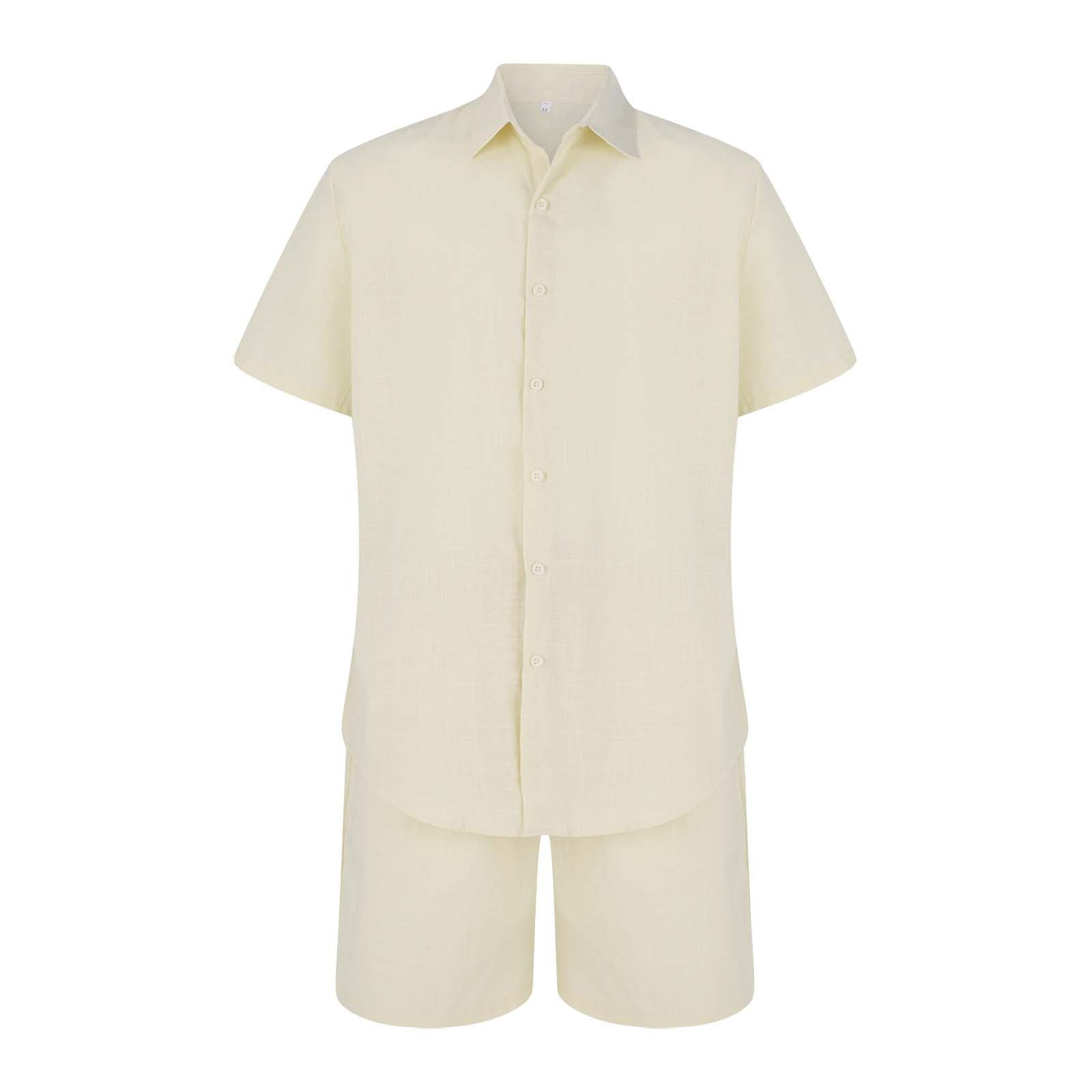 Conjunto de pantalones cortos y camisa para hombre, traje de ocio para hombre, traje de verano corto, traje de verano transpirable, traje de casa ligero con cuello alto, traje de lino, corte holgado,