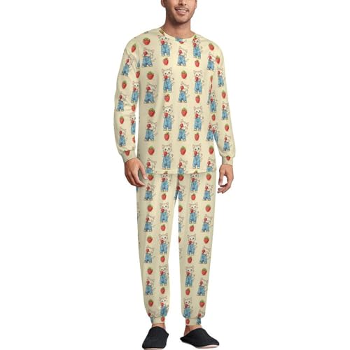 Cute Cat Strawberry Men’s Pajama Set Long Sleeve Top And Pants Loungewear Sleepwear Pjs Nightwear