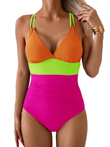Image of Aidonger Women's One Piece Color Block Swimsuit Tummy Control Slimming Bathing Suit V Neck Cutout High Waisted Swimwear