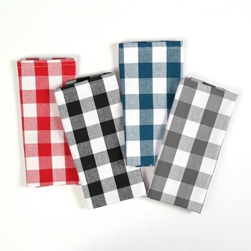 Image of Gingham Buffalo Check Kitchen Towels, 4 Pack, 16x26 Inches, 100% Cotton - Super Absorbent, Quick Drying, Hand Towels for Drying Dishes, Dish Cleaning Towels with Hanging Loop, Multi