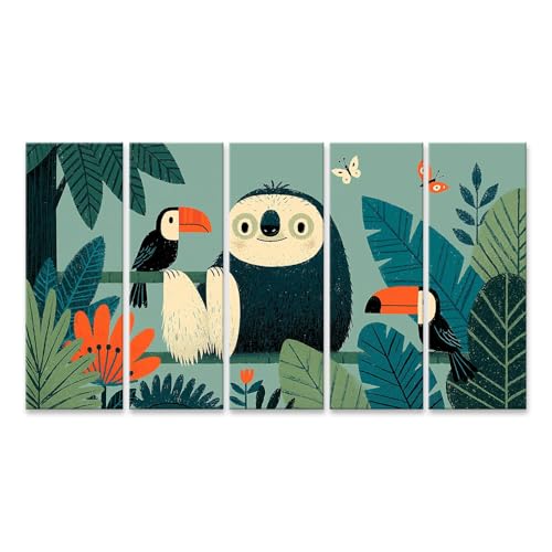 Tableau sur toile bébé paresseux ludique islandburner XXL déco chambre enfant 5 pièces