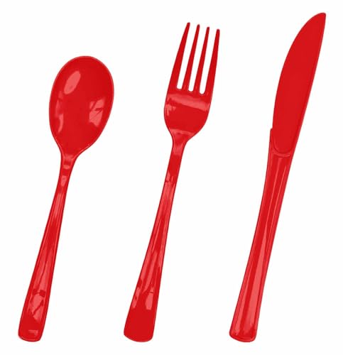HEIPINIUYE 75 Pack Red Plastic Cutlery Heavy Duty Red Plastic Knives Forks and Spoons Disposable Silverware Set for 25 Guest Camping Birthday Baby Shower Party Cutlery Set