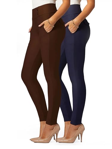 Conceited 2-Pack Stretch Slacks for Women - Wear to Work - Slim Leg Dress Pants with Pockets - Navy, Brown - (X-Large)