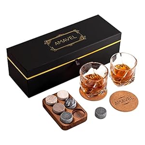 AMAVEL Whisky-Set mit 2 Whiskygläsern, Untersetzern und Whiskysteinen in edler Verpackung, Geschenkidee für…