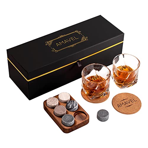 AMAVEL Whisky-Set mit 2 Whiskygläsern, Untersetzern und Whiskysteinen in...