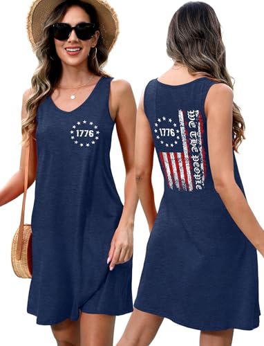Image of LHBNK 4th of July Dress for Women: American Flag Tank Dresses Star Striped Splicing Loose V Neck Sundresses