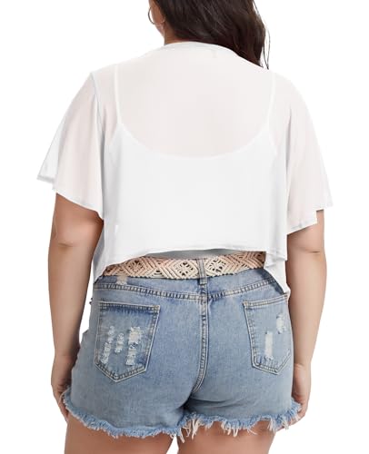 Image of Women Crop Cardigan Sheer Mesh Bolero Shrugs for Dresses Plus Size Tie Front Cardigans Ruffled Short Sleeve Tops