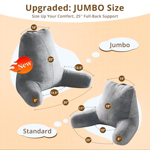 Image of Sasttie Reading Pillow for Bed, Back Pillow for Sitting Up, Dark Grey | 25 inch Backrest Support Cushion for Couch, Sofa, and Floor, Dorm Essentials, OEKO-TEX, Adjustable Down Alternative Fill