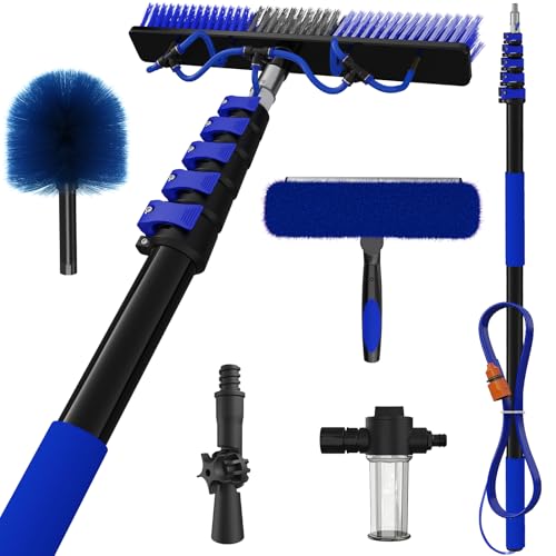 SKGPOLE 30Ft Reach Solar Panel Cleaning Brush Kit with 5-24ft Telescoping Pole, Water Fed Window Cleaner Tool with 20' Brush, Soap Dispenser, Cobweb Duster, Squeegee for Roof, CV, Gutter, Boat, Deck