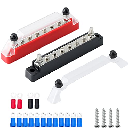Greluma 1Par Bloque de terminales de distribución de energía de 8 vías,kit de barra colectora de batería de 8 terminales,2 postes M6 (1/4'),6 terminales de tornillos M4 (# 8) con terminales de anillo