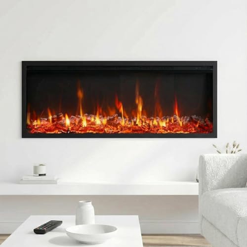 Acekool 50 Inch Wall-Mount/Recessed Electric Fireplace with Touch Screen & Remote, 750/1500W Modern Silent Heater, 12 Flame Colors, 5 Brightness Levels, 0.5-9H Timer, Log & Crystal Ember Effects