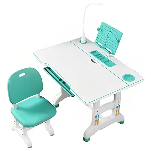 Syga Kids Height Adjustable Desk and Chair Set Study Table Writing Desk with Eye Protection Lamp (70CM / Fruit Green Flagship)