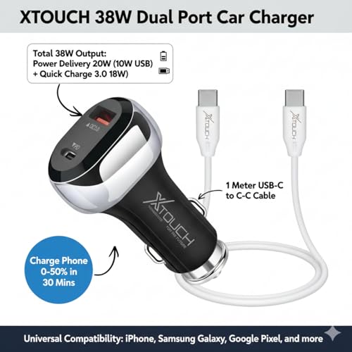 Image of XTOUCH 38W Fast Car Charger Adapter with Dual Output. Quick Charge, Type C PD 20W & Qualcomm Certified 3.0 18W with Type-A to C Cable (Black)