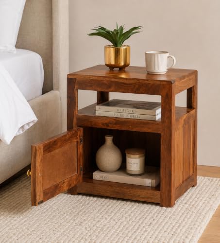 Image of Solid Sheesham Wood Bedside Table with Cane Door | Wooden Nightstand with Open Shelf & Storage Cabinet | Modern Side Table for Bedroom & Living Room