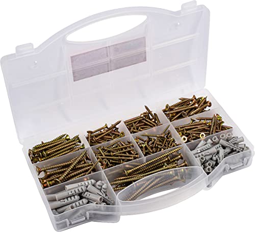 Connex Assortiment de vis et chevilles universelles 580 pièces – Différentes tailles – Tête fraisée – Entraînement TX – Filetage complet – Jaune...