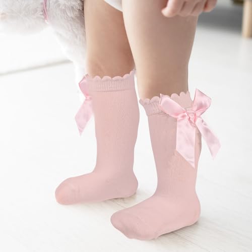 Baby Knee Socks, Bow Ruffled Knee High Socks Long Cotton Tube Stockings for Infant Toddler Girls Newborn Dress Socks3