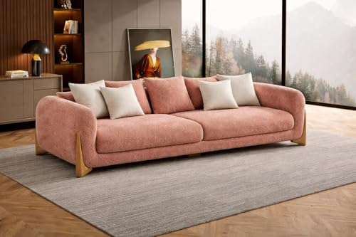 Image of Modern Sofa, Teddy Fabric, Chesterfield Style, Wooden Legs, for Living Room, Bedroom, Hallways (3+1+Ottoman, Ashrose)