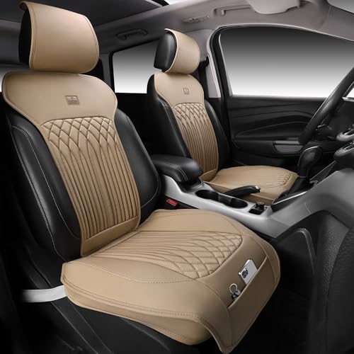 CAR PASS Car Seat Protector 2 Pack Sideless Nappa Leather Seat Covers for Cars All Season Waterproof Breathable Front Seats Cushion with Storage Pocket Universal Fit Vehicle Car SUV Truck All Beige