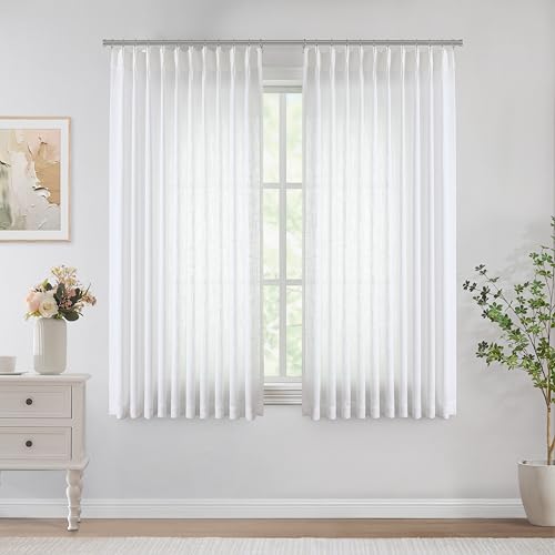 Image of Vision Home White Pinch Pleated Semi Sheer Curtains Textured Light Filtering Window Curtains 72 inch for Living Room Bedroom Patio Rayon Blended Pinch Pleat Drapes with Hooks 1 Panel 60 inch Wx72 L