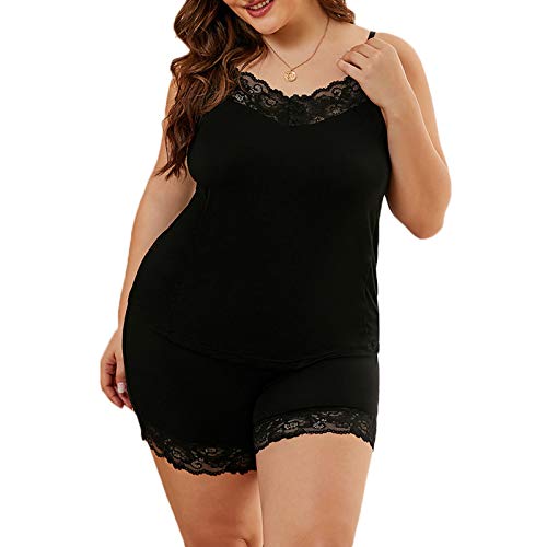 Women Plus Size Pajamas Cami Shorts Set Nightwear Sexy Lace Patchwork Lingerie Sleepwear (Black, XL)