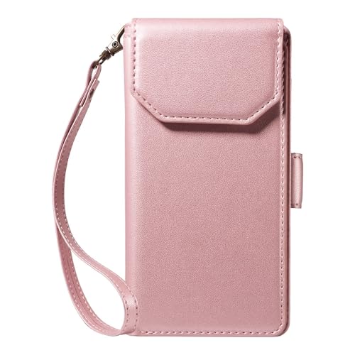 Étui iPhone 14 Pro or rose idéal pour voyager léger grâce au portefeuille cuir à rabat