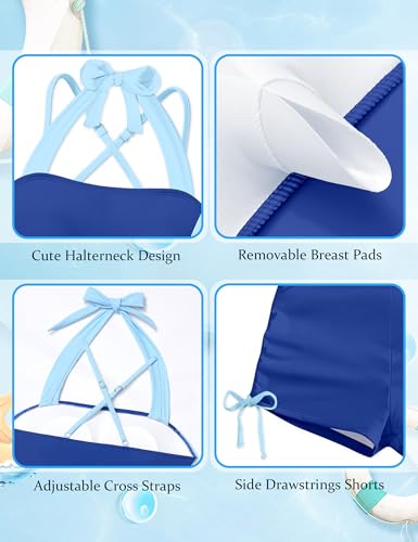 Image of Girls Bathing Suits Size 8-10 Girls Size 10 Swimsuit Halter Color Block Ruched Girl Bathing Suit 2 Piece for Kids with Side Drawstring Shorts and Adjustable Criss-Cross Straps Royal Blue