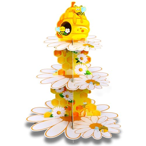 Zopeal Bee Birthday Party Decorations 3 Tier Honey Bee Cupcake Stand Daisy Flower Honeycomb Themed Cupcake Holder for Dessert Back to School VBS Baby Shower Gender Reveal Wedding Party Favors Supplies