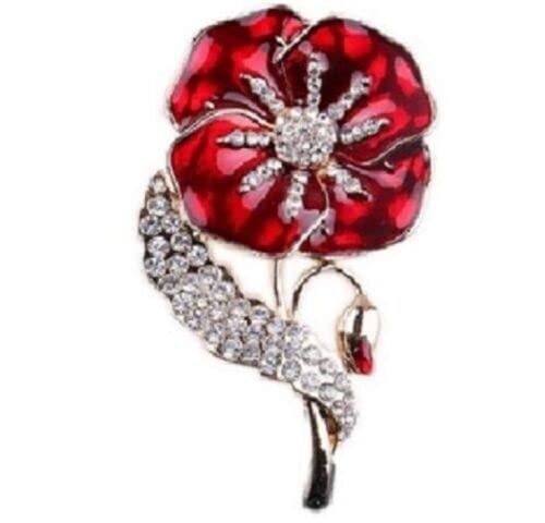 Jays Jewellery– Red Flower Crystal Poppy Flower Pin Brooch Rhinestone Badge Gift Remembrance UK