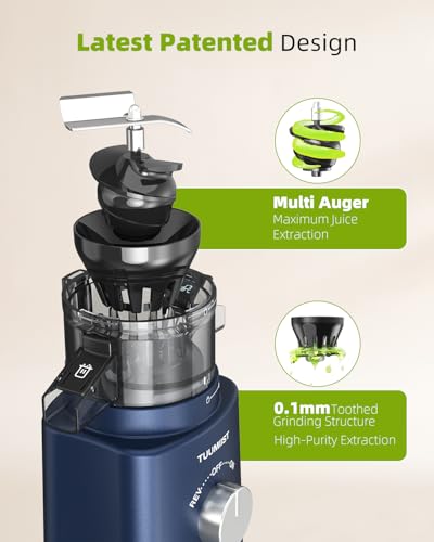 Cold Press Juicer with 8 Juice Bottles - Masticating Juicer Machines for Fruits and Veggies, 4.25" Large Feed Chute, Easy to Clean, Navy Blue