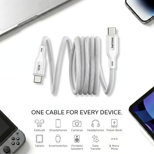 Image of PHILIPS DLC4130CW /94 65W Type-C to Type-C Fast Charging Cable (1m, Bright White) | Nylon Braided | Compatible with iPhone 15+ Series, USB-C iPad Models, Samsung Galaxy & All Type C Devices